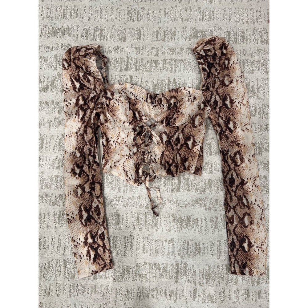 Brown, black and  Cream Snakeskin Crop top with puff sleeves